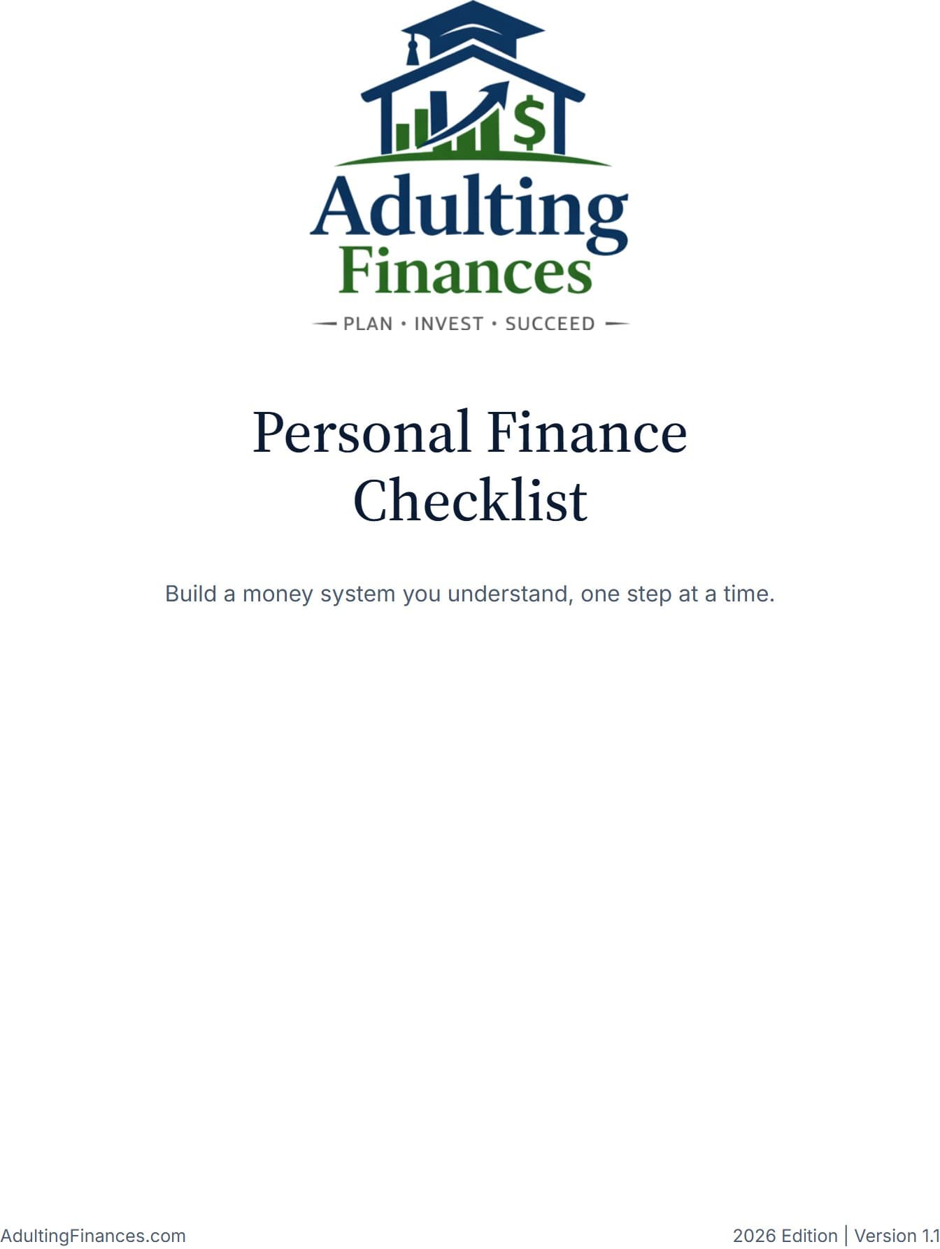 The checklist’s cover: the Adulting Finances logo, the title Personal Finance Checklist and its one-line promise.